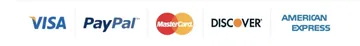 Card logos: Visa, PayPal, Mastercard, Discover, American Express