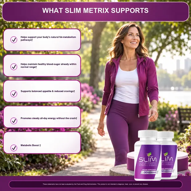 What Slim Metrix supports graphic with a woman walking in a park