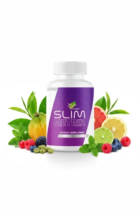 One bottle of Slim Metrix, 30 capsules, surrounded by fruit and green tea leaves
