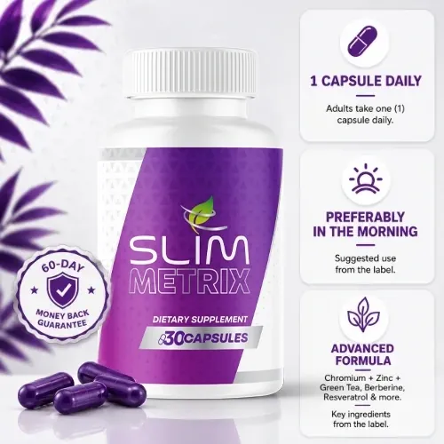 Slim Metrix bottle with cards: 1 capsule daily, preferably in the morning, advanced formula, 60-day money-back badge